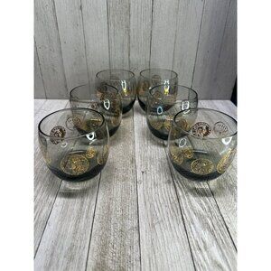 Vintage MCM Federal Roly Poly ROMA Gold Coin Glass Set 6 Mad Men Smokey Barware